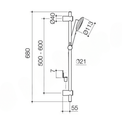 Technical drawing of a shower head with dimensions on a white background