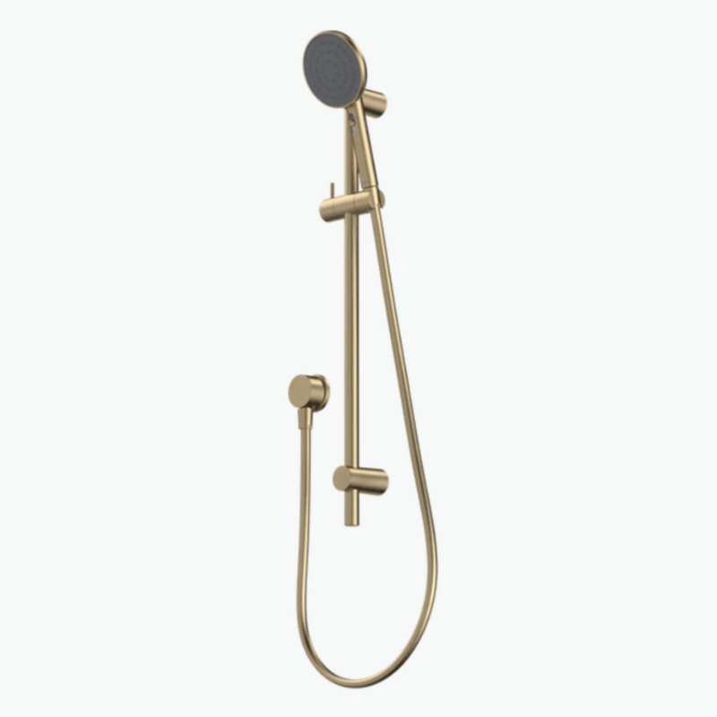 Gold shower head and hose on a white background