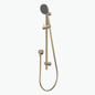 Gold shower head and hose on a white background