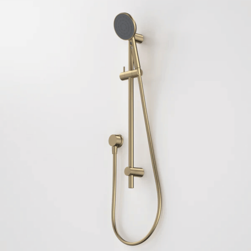 Gold shower head and hose on a white background