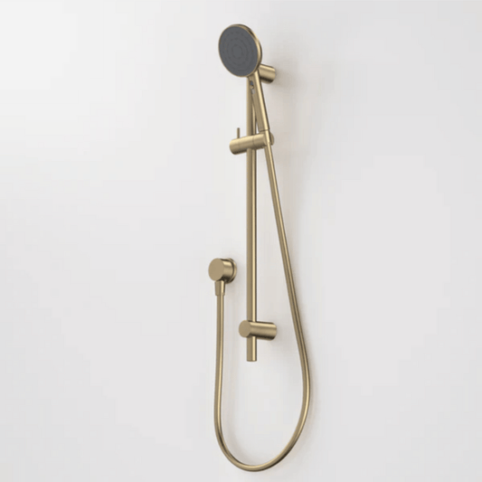 Gold shower head and hose on a white background
